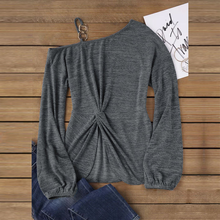 Damen asymmetrischer schulterfreier Strickpullover mit Zierkettenträger und vorn gedrehtem Knoten – Avérine