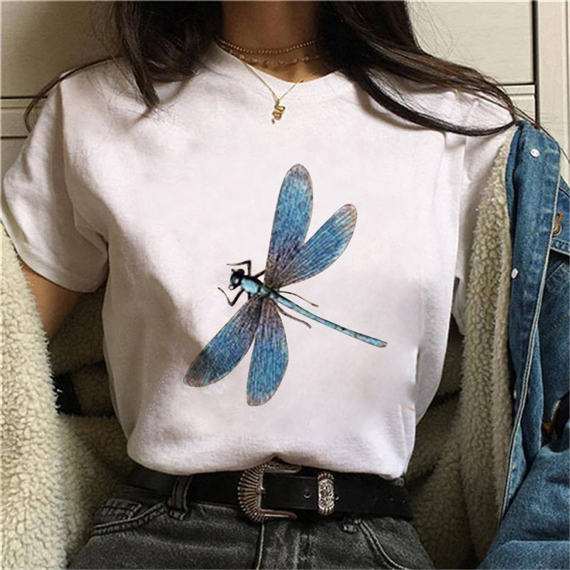 Damen V-Ausschnitt T-Shirt mit floralem Schmetterlingsdruck Echo Archiv