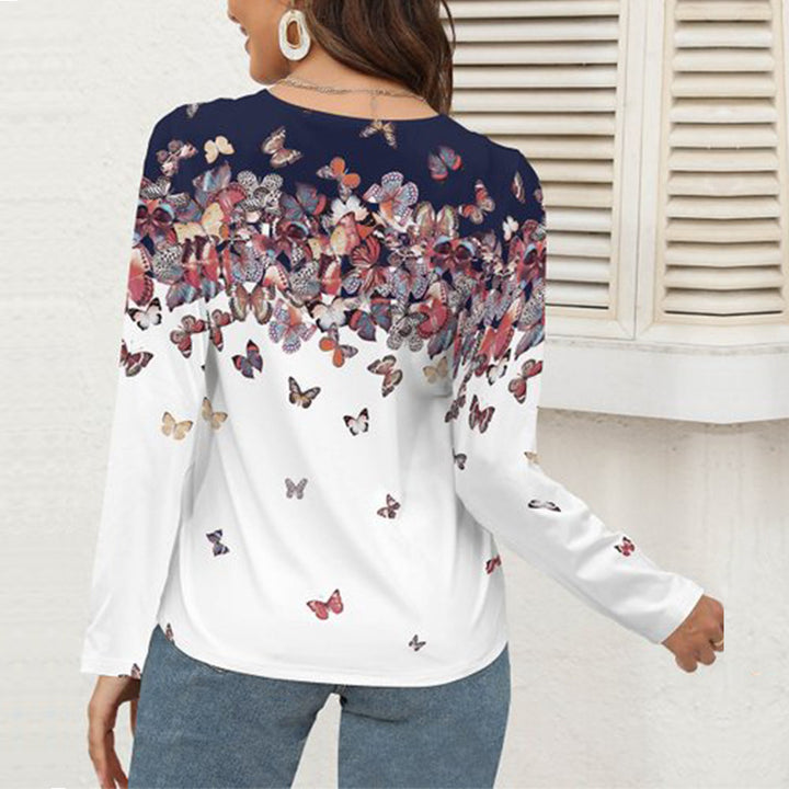 Damen Langarm-Bluse mit gehäkeltem V-Ausschnitt, Schmetterlings-Print & leichtem Fall – Avérine