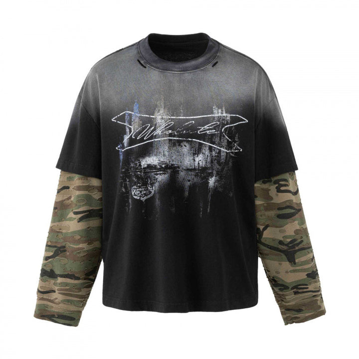 Unisex Oversize-Layering-Shirt mit Camouflage-Ärmeln, Vintage-Grafik und Destroy-Details Echo Archiv