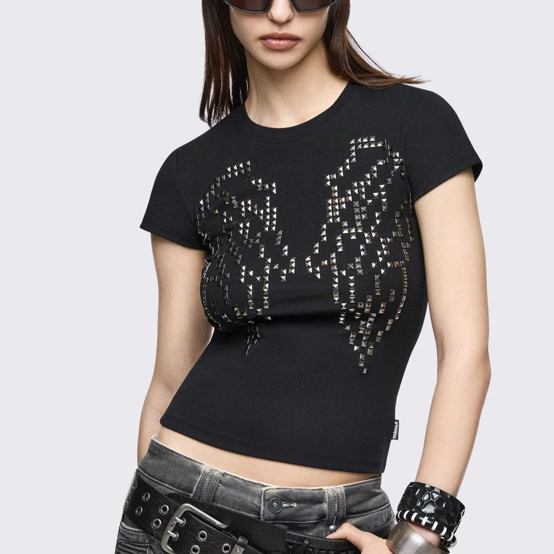 Damen Enganliegendes T-Shirt mit Metallic-Nieten Echo Archiv