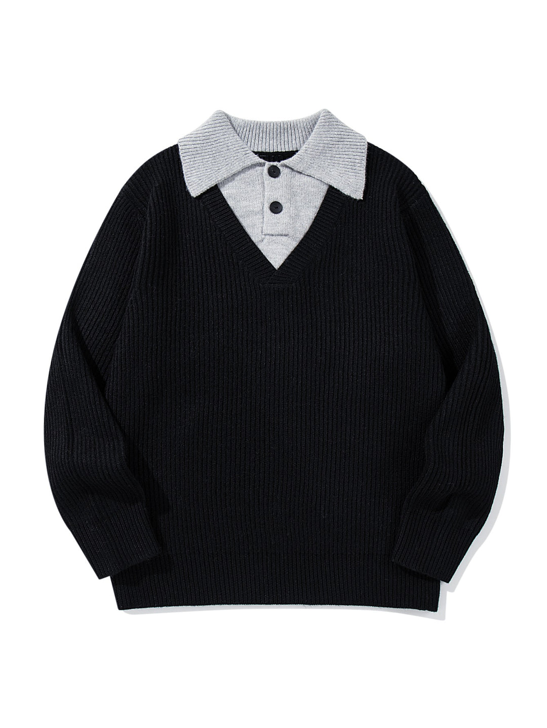 Herren Gerippter Strickpullover mit Polokragen‑Einsatz und tiefem V‑Ausschnitt Echoarchiv