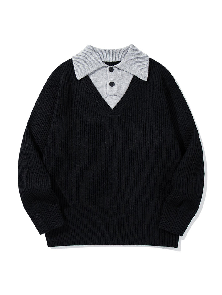 Herren Gerippter Strickpullover mit Polokragen‑Einsatz und tiefem V‑Ausschnitt Echoarchiv