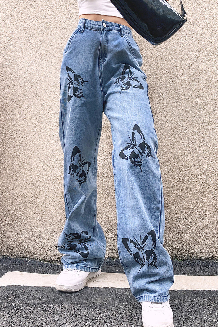 Damen nan weite High-Waist-Jeans mit Gothic-Schmetterlingsprint und entspanntem Straight-Leg Echo Archiv