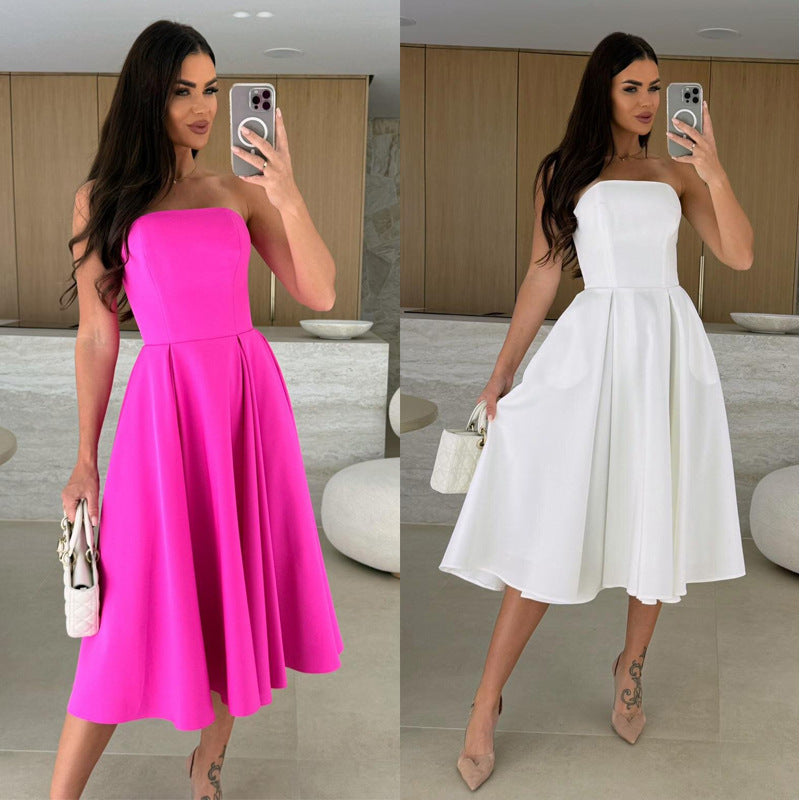 Damen A-linien Cocktailkleid mit trägerlosem Schnitt und schwingendem Rock Echoarchiv