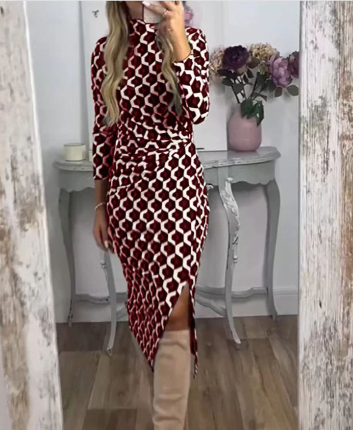 Damen Figurbetontes Midi-Kleid mit geometrischem Wabenmuster, Stehkragen und Seitenschlitz Echoarchiv
