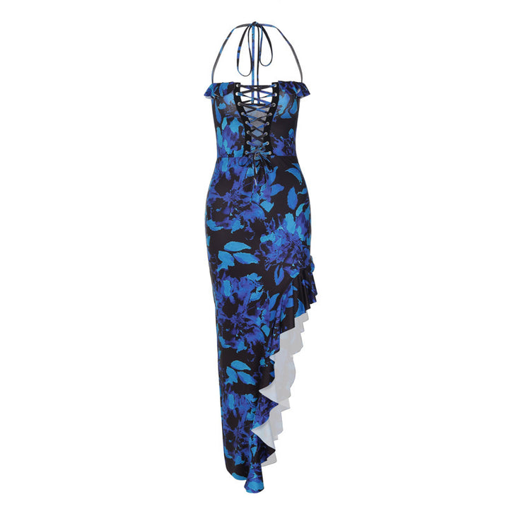 Damen Träger Maxikleid mit verspieltem Rüschen-Ausschnitt und floralem Design Echo Archiv