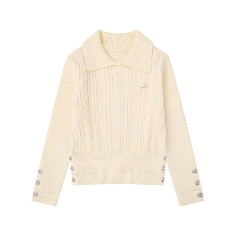 Damen Feinstrick-Polo-Pullover mit Zopfmuster, Zierknopfbesatz und taillierter Passform Echoarchiv