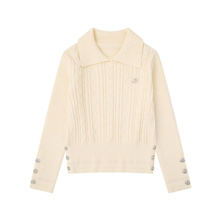 Damen Feinstrick-Polo-Pullover mit Zopfmuster, Zierknopfbesatz und taillierter Passform Echoarchiv