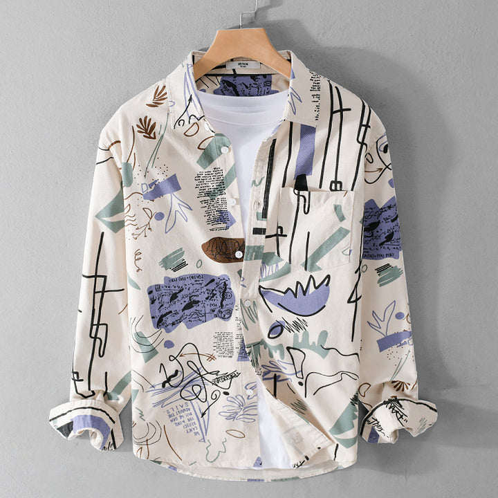 Herren Lockeres Hemdjacken-Overshirt mit abstraktem Skizzenprint, Brusttasche und weichem Baumwollgriff Echoarchiv