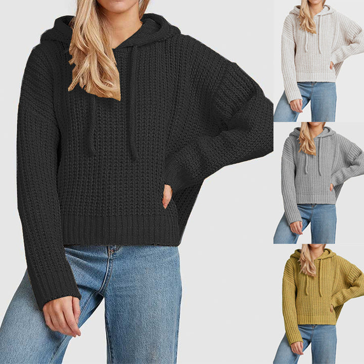 Damen Grobstrick-Kapuzenpullover mit Waffelstruktur, überschnittener Schulter und kurzem Saum Echo Archiv