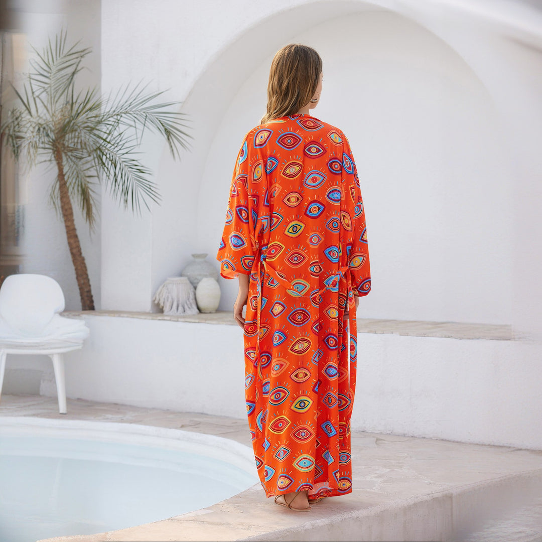 Damen Langer Kaftan‑Kimono mit Taillengürtel, V‑Ausschnitt & grafischem Augenprint Echoarchiv