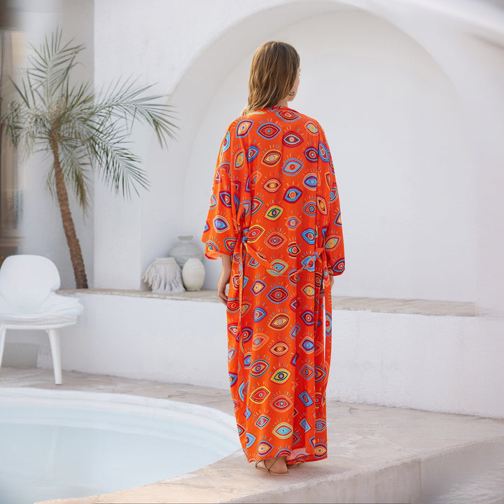 Damen Langer Kaftan‑Kimono mit Taillengürtel, V‑Ausschnitt & grafischem Augenprint Echoarchiv