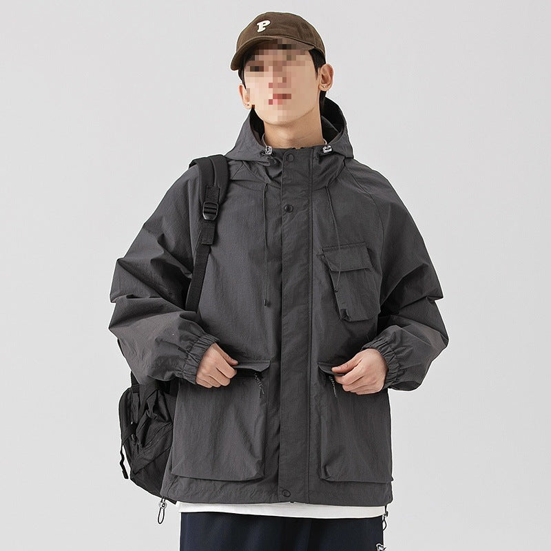 Damen Oversize Utility-Übergangsjacke mit Kapuze, Mehrfach-Taschen & Kordelzug Echoarchiv