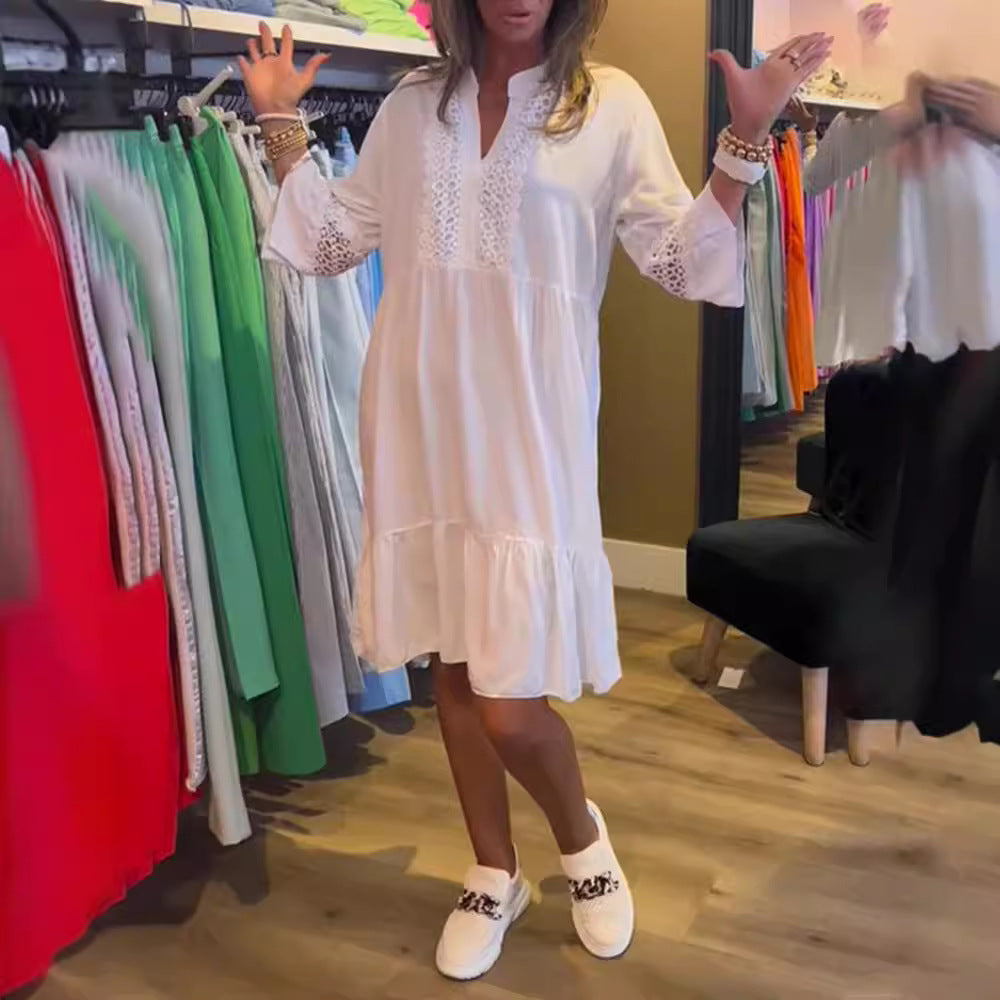Damen nan lockeres Babydoll-Tunikakleid mit Spitzenpasse, V-Ausschnitt, Stehkragen und Stufenvolant Echo Archiv
