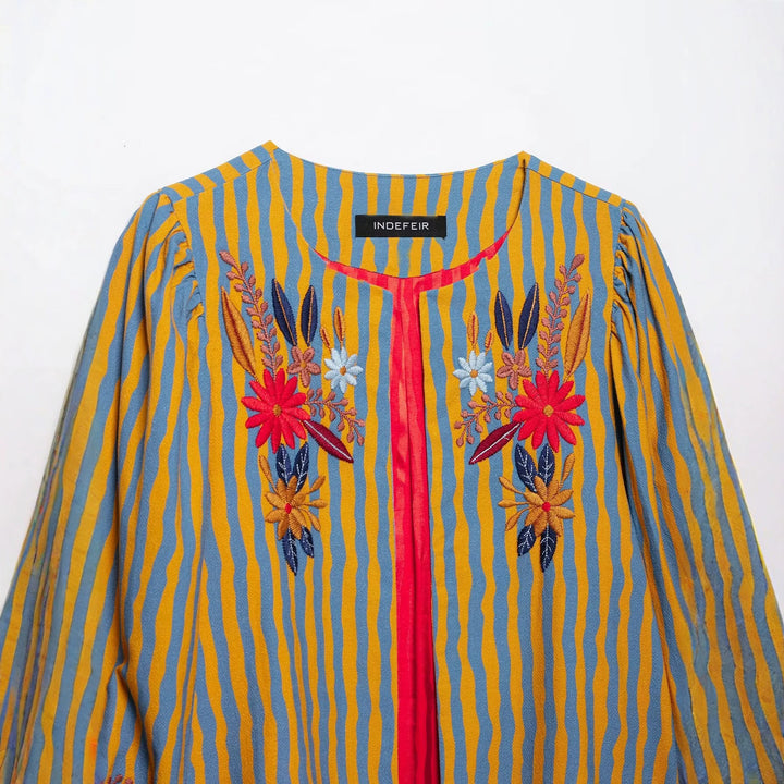 Damen Gestreifte bestickte Blousonjacke mit offener Vorderkante und Bubikragen Echo Archiv