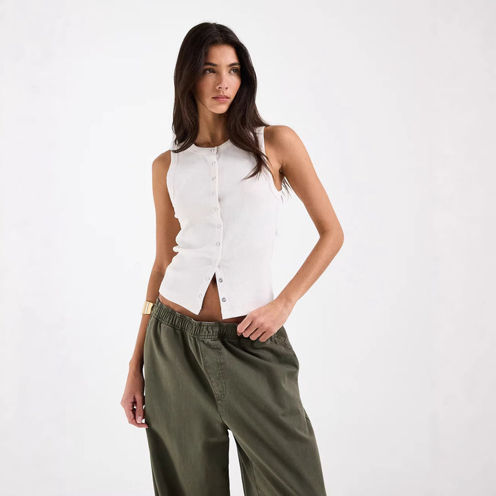 Damen Ärmelloses Rippenshirt mit durchgehender Knopfleiste Echo Archiv