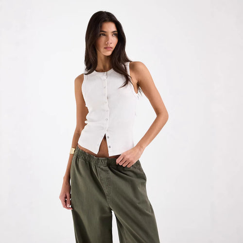 Damen Ärmelloses Rippenshirt mit durchgehender Knopfleiste Echo Archiv