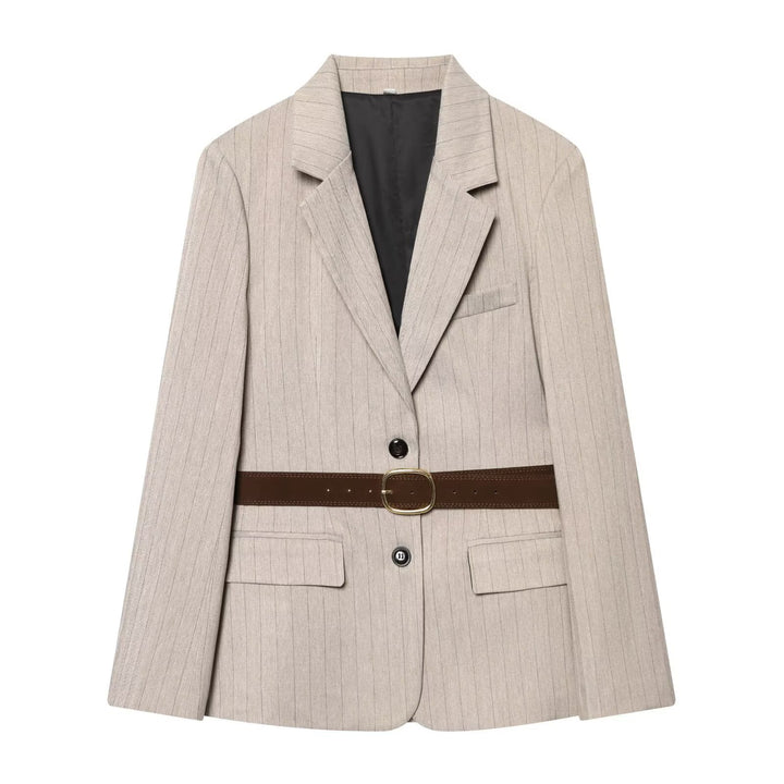 Damen Taillierter Nadelstreifen-Blazer mit Kontrastgürtel und Reverskragen Echo Archiv