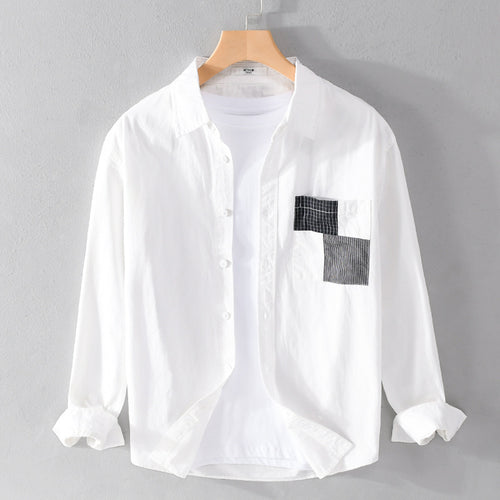 Herren Leichtes Baumwoll-Oversizehemd mit geometrischer Brustpatch-Tasche Echoarchiv