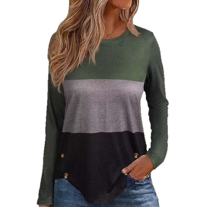 Damen Langarm-Colorblock-Shirt mit rundem Saum und seitlichem Knopfdetail – Avérine