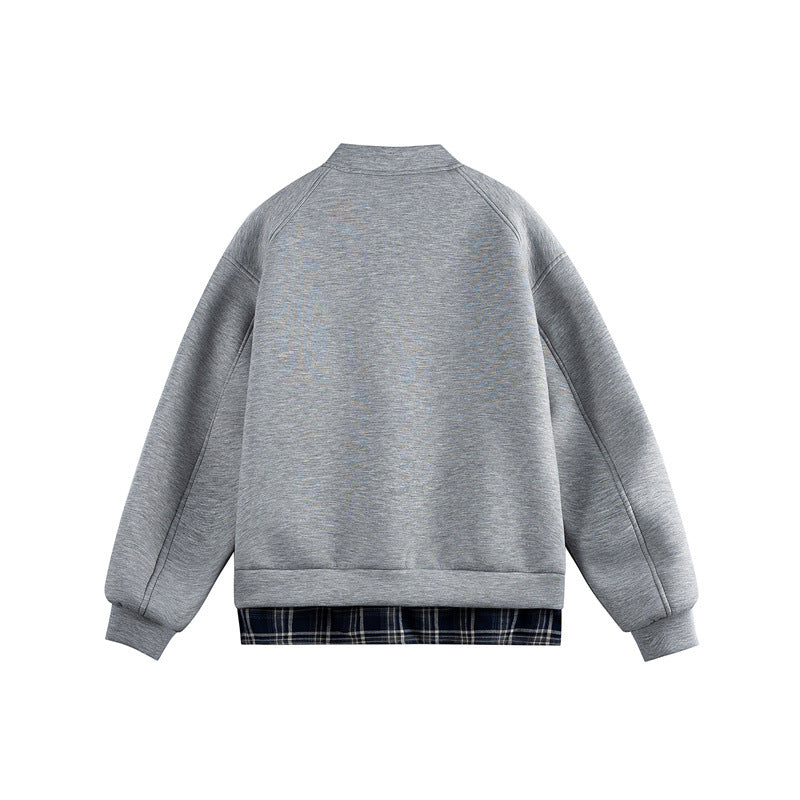 Damen Zwei‑in‑Eins Bomber‑Sweatjacke mit Karo‑Layer‑Einsatz und Stehkragen Echoarchiv