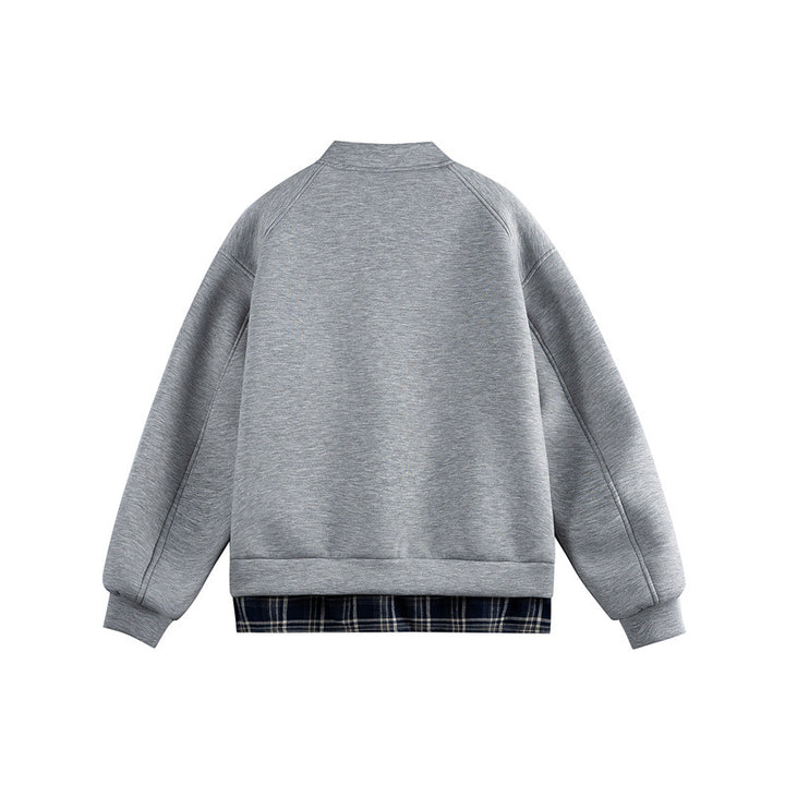 Damen Zwei‑in‑Eins Bomber‑Sweatjacke mit Karo‑Layer‑Einsatz und Stehkragen Echoarchiv
