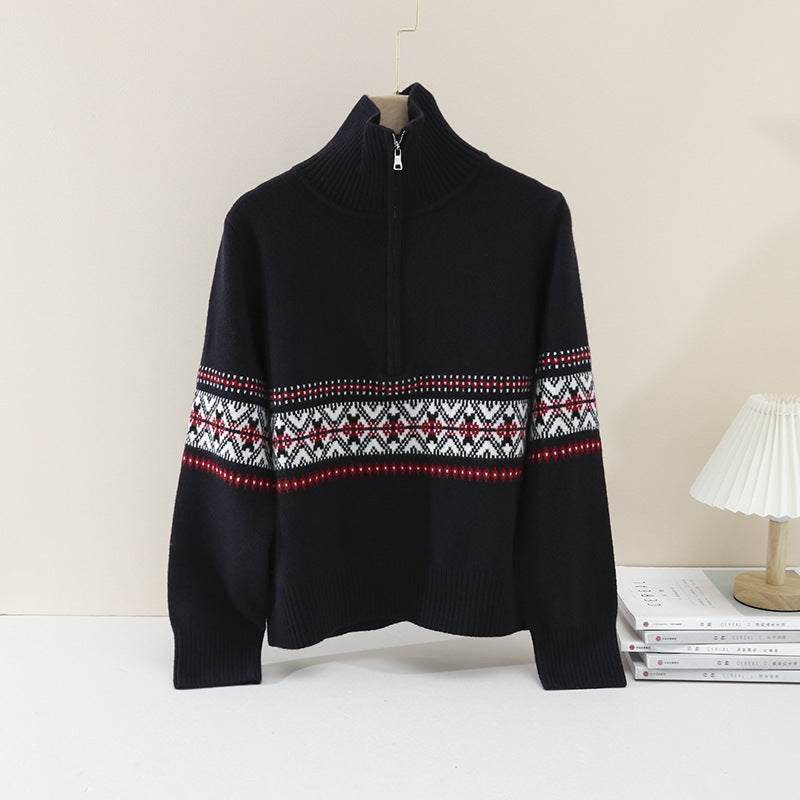 Damen Wärmender Norweger-Strickpullover mit halbem Reißverschluss und hohem Stehkragen Echo Archiv