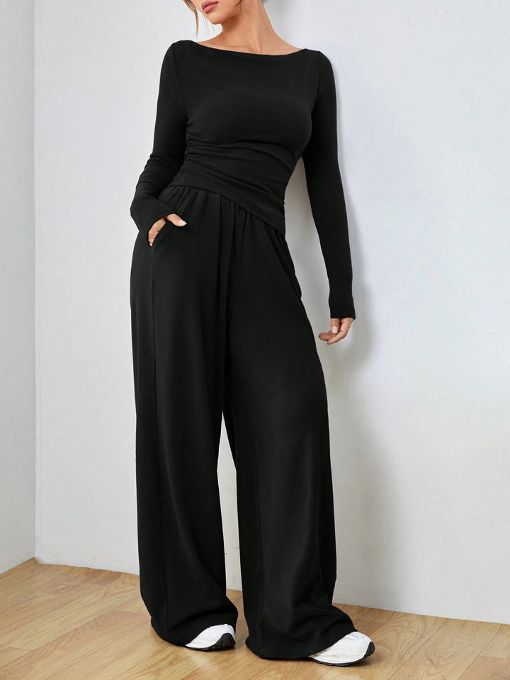 Damen Lässiges Two‑Piece Lounge‑Set mit U‑Boot‑Ausschnitt, taillierter Drapierung und weitem Palazzohose Echo Archiv