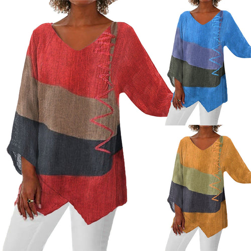 Frauen Casual A-Linien Leinenlook Tunika mit Farbblockstreifen und V-Ausschnitt – Avérine