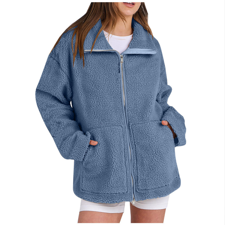 Damen nan oversized Teddyfelljacke mit Stehkragen Reißverschluss und aufgesetzten Taschen Echo Archiv