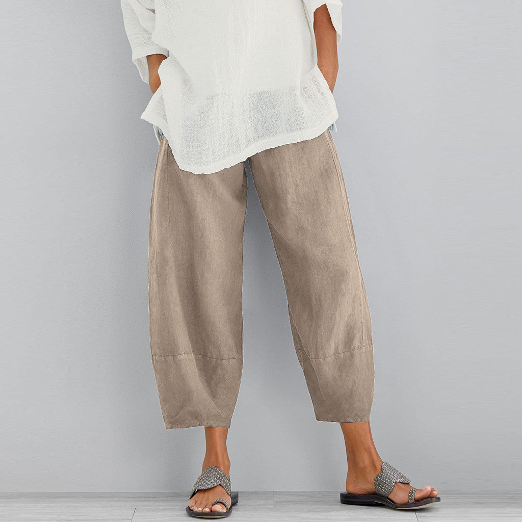 Damen nan weit geschnittene Leinenhose mit Tulpen-Saum und elastischem Bund Echo Archiv