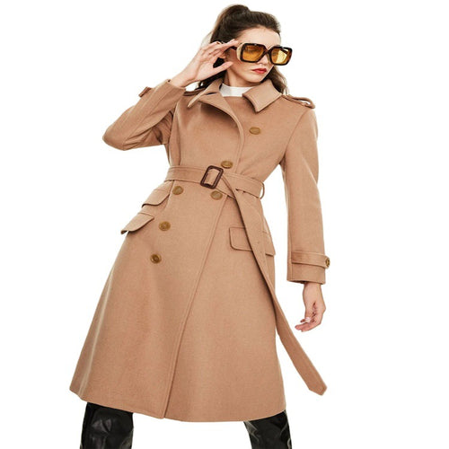 Damen taillierter A‑Linien Trenchcoat aus Woll‑Kaschmirmix mit Taillengürtel und Patten Echoarchiv