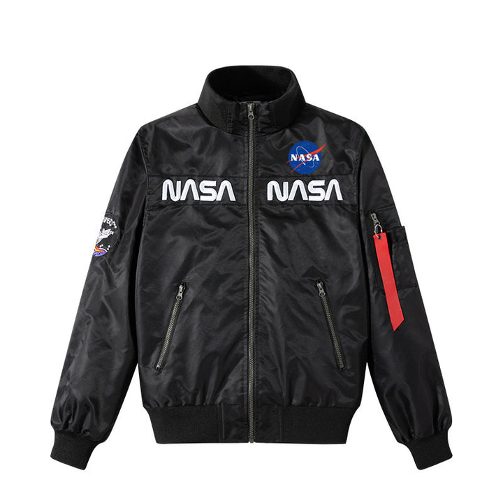 Men's retro space-logo nylon zip bomber with angled zip pockets and utility sleeve tab – Brevano