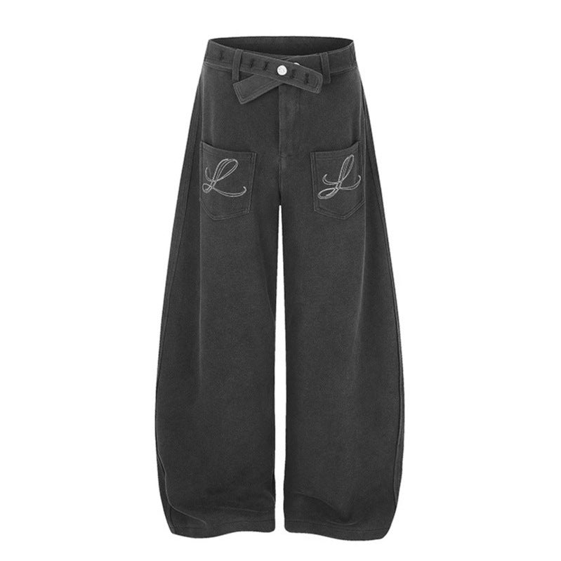 Damen Weite High‑Waist Palazzo-Jogginghose mit aufgesetzten Taschen, Zierstickerei und verstellbarem Gürtel Echoarchiv
