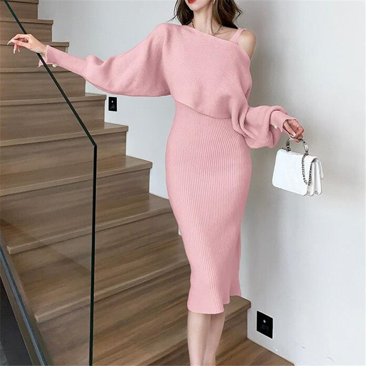 Damen Elegantes Strickkleid mit V-Ausschnitt und passendem Cardigan Echo Archiv