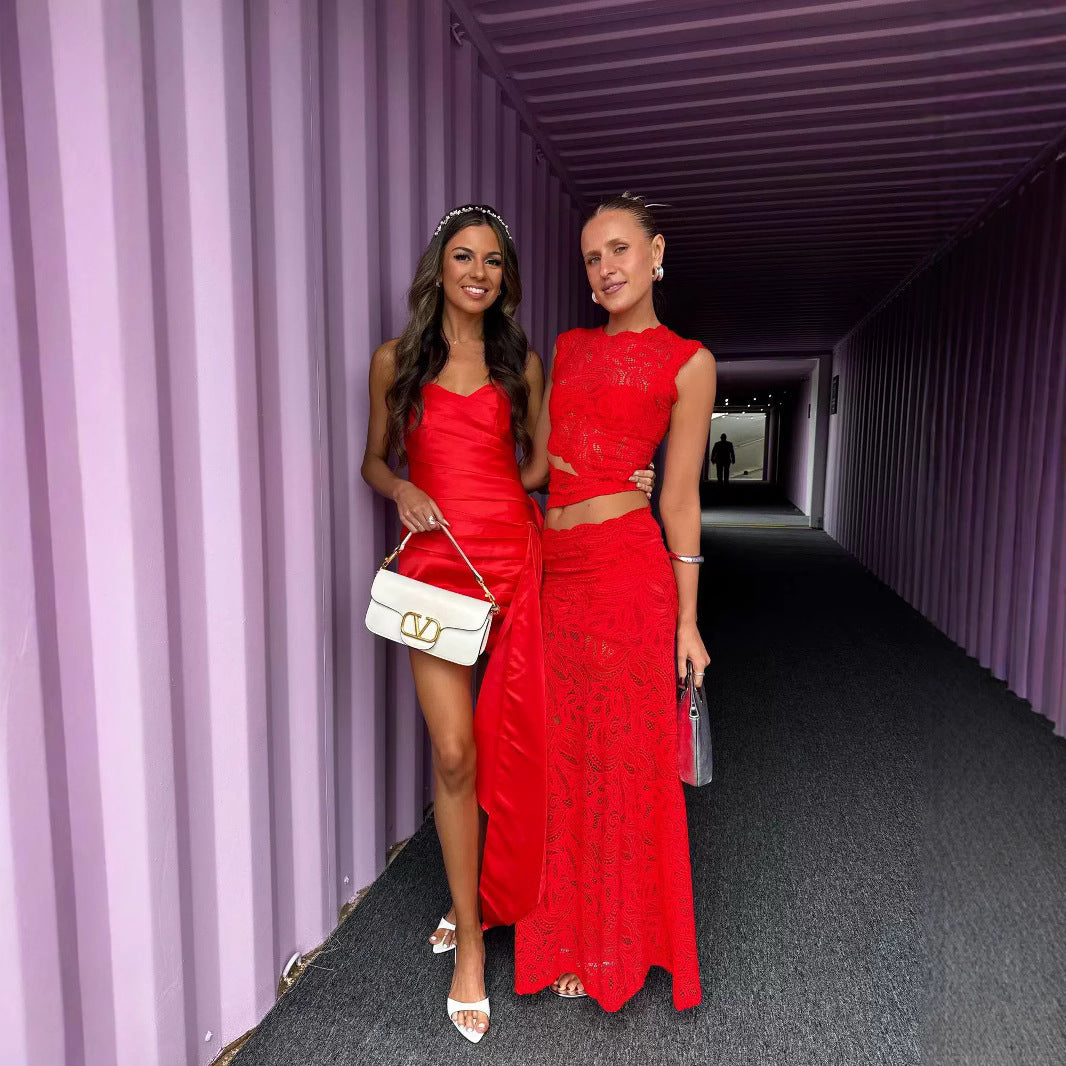 Damen nan elegantes Spitzen-Set mit bauchfreiem kurzem Top mit Wellensaum und taillenhohem figurbetontem Maxirock Echo Archiv