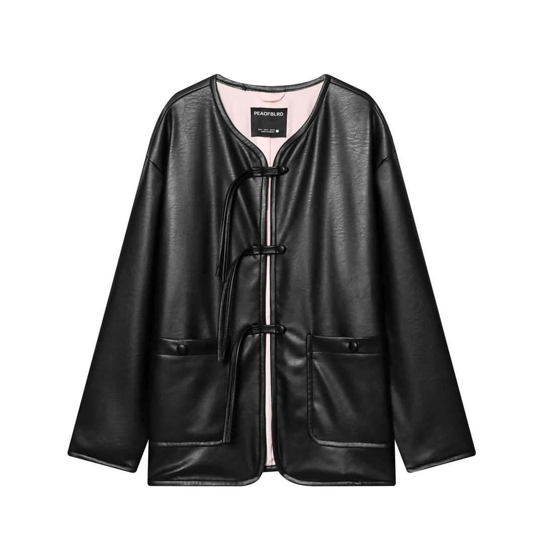 Damen Oversize Kunstlederjacke mit Kordel-Knotenverschluss und aufgesetzten Taschen Echo Archiv