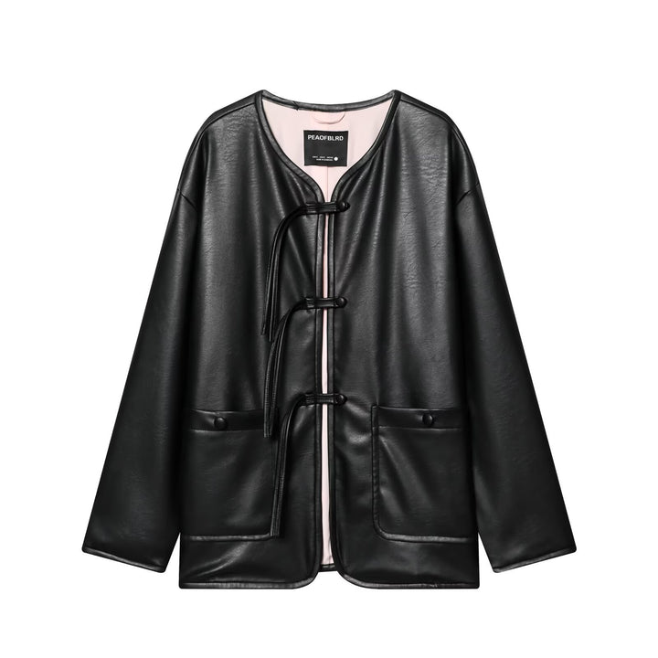 Damen Oversize Kunstlederjacke mit Kordel-Knotenverschluss und aufgesetzten Taschen Echo Archiv