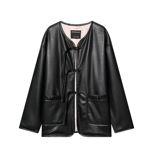 Damen Oversize Kunstlederjacke mit Kordel-Knotenverschluss und aufgesetzten Taschen Echo Archiv
