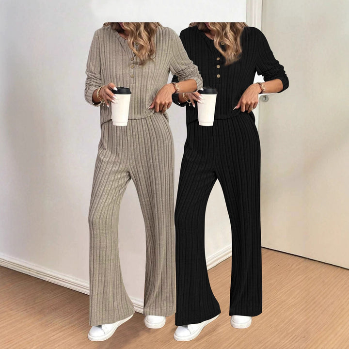 Damen Geripptes Lounge-Zweiteiler mit Henley-Top und weiter Palazzohose – Élanora