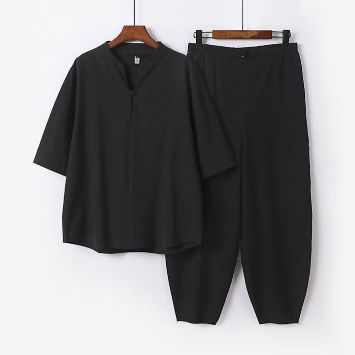 Herren Zweiteiliges Leichtes Leinen-Baumwoll-Set mit Mandarin-Kragen und elastischer Bundhose Echoarchiv