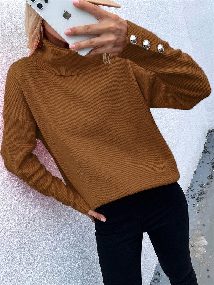 Damen Gerippter Rollkragenpullover mit Oversize-Schnitt und Zierknopfmanschetten Echoarchiv