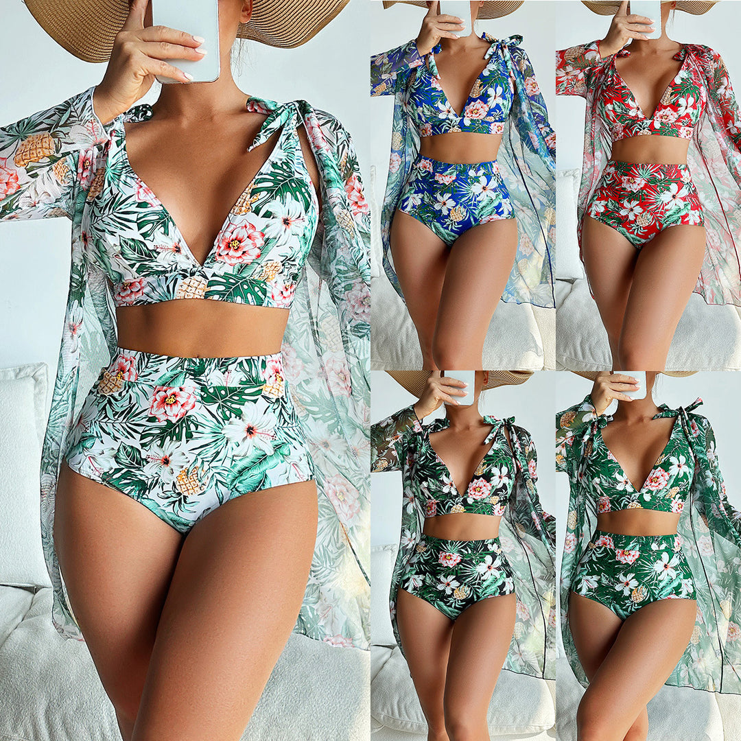 Damen Hochtailliertes Bikini-Set mit transparenter Strandjacke Echo Archiv