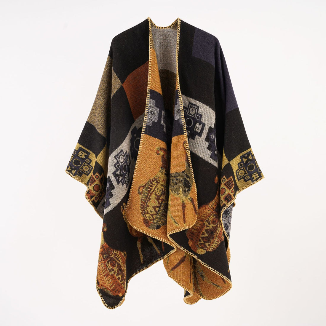 Damen Oversize-Jacquard-Capeponcho mit ornamentaler Webstruktur – Célinea