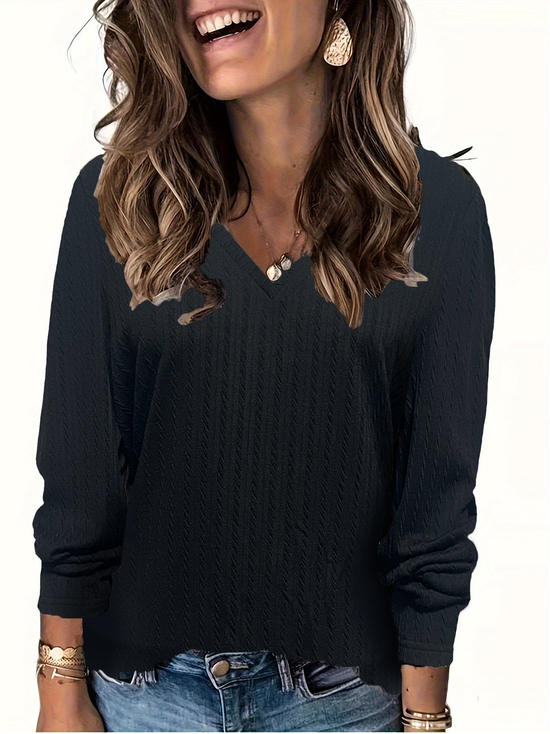 Damen Feinstrick-Langarmshirt mit V‑Ausschnitt und Zopfmuster Echoarchiv