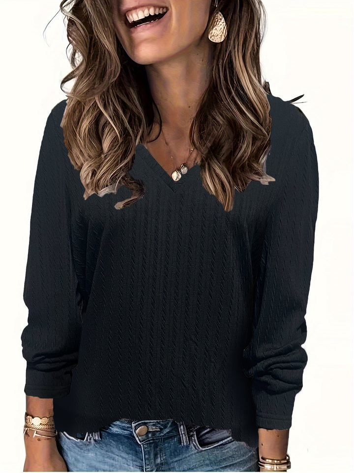 Damen Feinstrick-Langarmshirt mit V‑Ausschnitt und Zopfmuster Echoarchiv