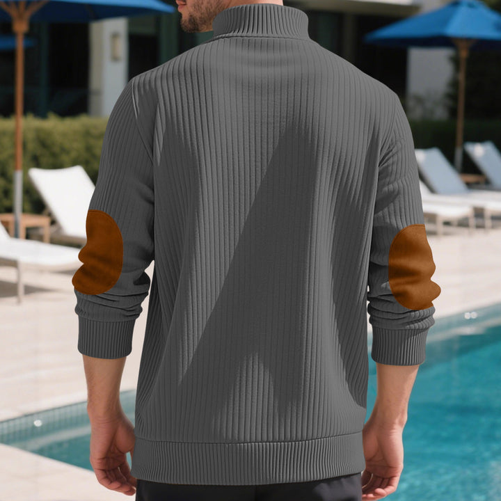 Herren nan Rippstrick-Halbknopf-Pullover mit Kentkragen und Lederbesatz Echo Archiv