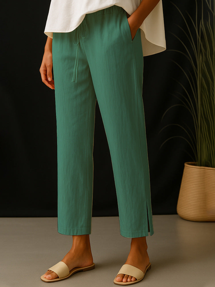 Damen Casual-Chino Leinenoptik Culotte mit elastischem Tunnelzugbund und Eingrifftaschen – Avélisse
