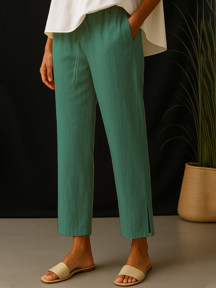 Damen Casual-Chino Leinenoptik Culotte mit elastischem Tunnelzugbund und Eingrifftaschen – Avélisse
